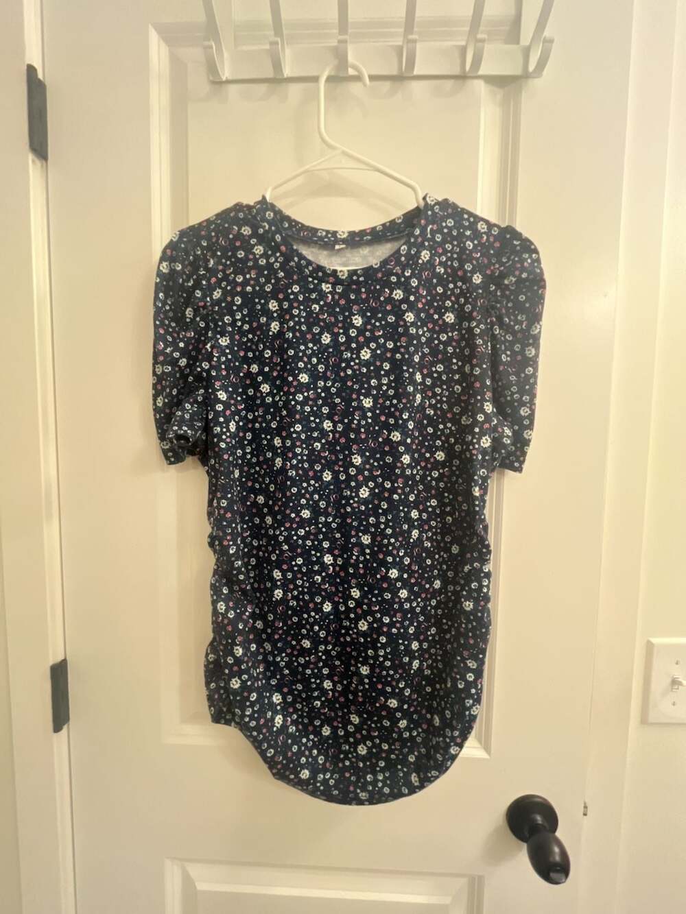 SimpleFun Women's Floral Print Puff Sleeve Ruched Side Maternity T-Shirt